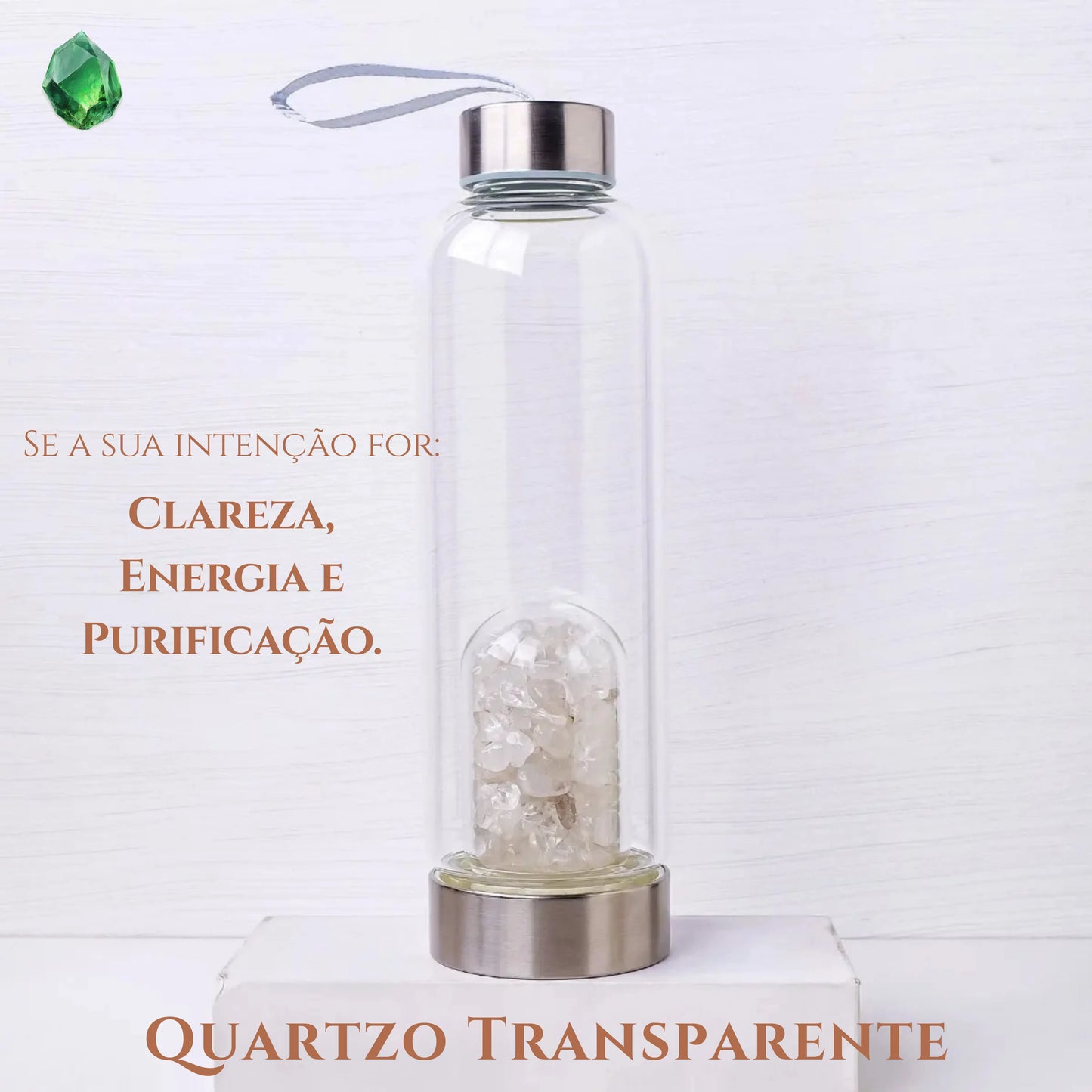 Garrafa de vidro para elixir de cristais com Quartzo Transparente natural. Acessório holístico de bem-estar, livre de BPA, com tampa de aço inoxidável e pedras naturais de purificação.