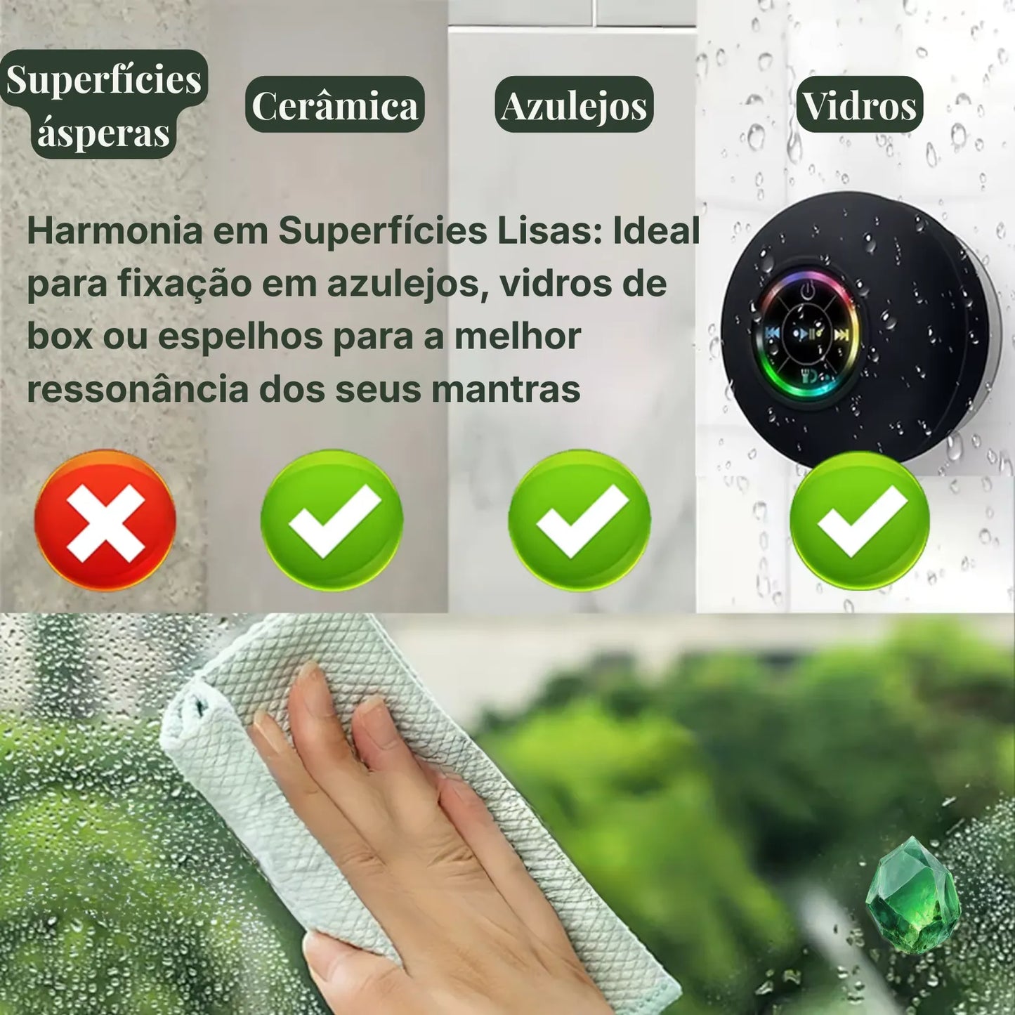 Banheiro com estética spa apresentando roupão felpudo, incenso aromático e tecnologia de som integrada para meditação no banho.