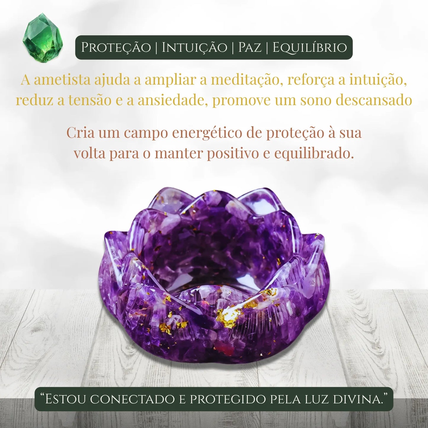 Coleção de porta-velas flor de lótus em diferentes cristais naturais sobre fundo clean minimalista.