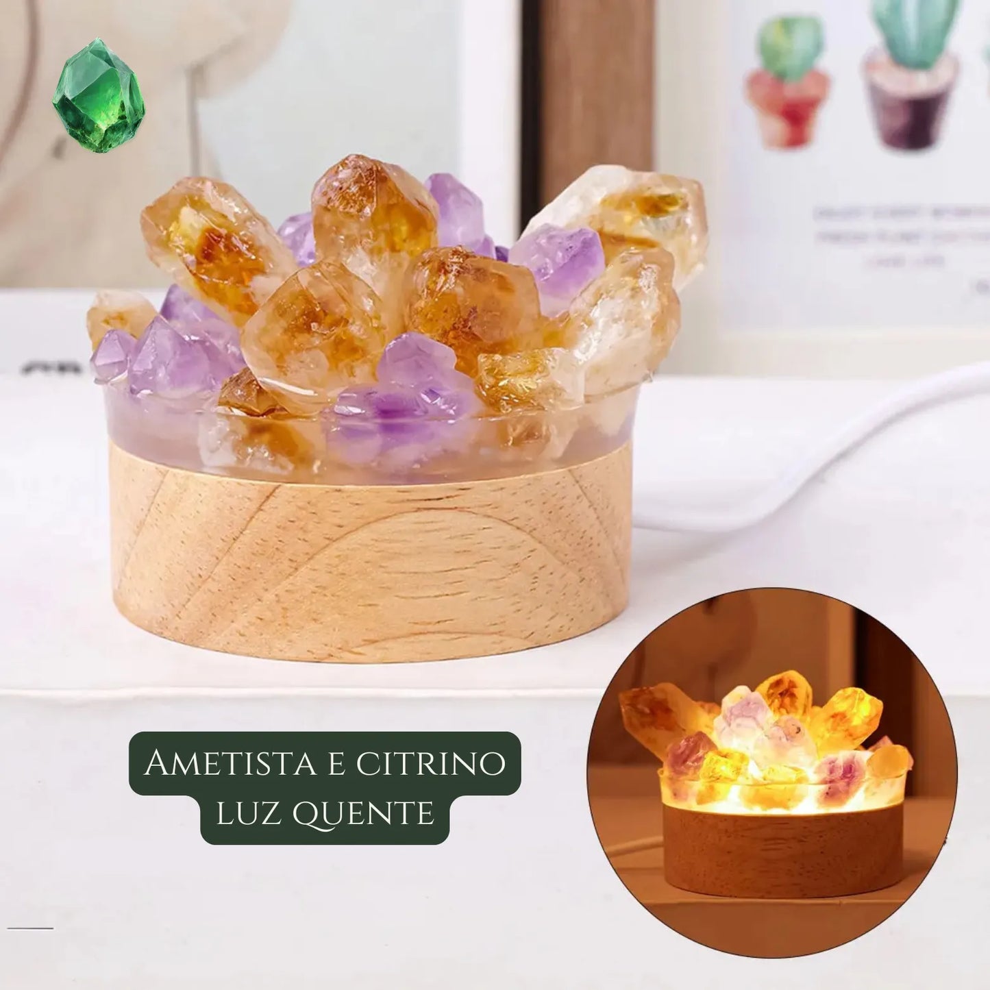 Conjunto de luminárias LED com cristais brutos, proporcionando uma luz de apoio relaxante para momentos de pausa e autocuidado.