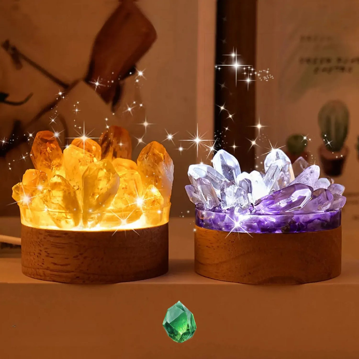 Luminária de cristais naturais brutos de citrino e ametista sobre base de madeira circular com iluminação LED suave.