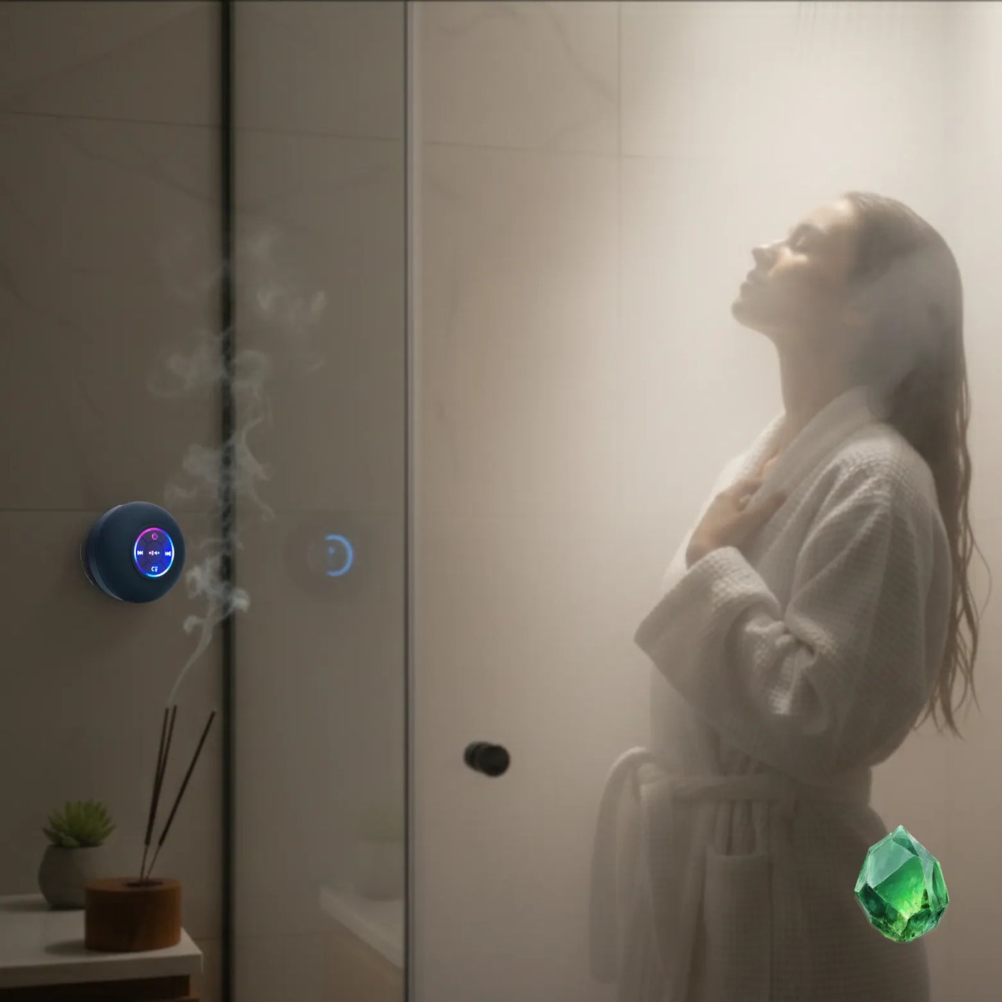 Mulher de roupão branco relaxando em um banheiro moderno com névoa de vapor e um alto-falante Bluetooth circular instalado no vidro.