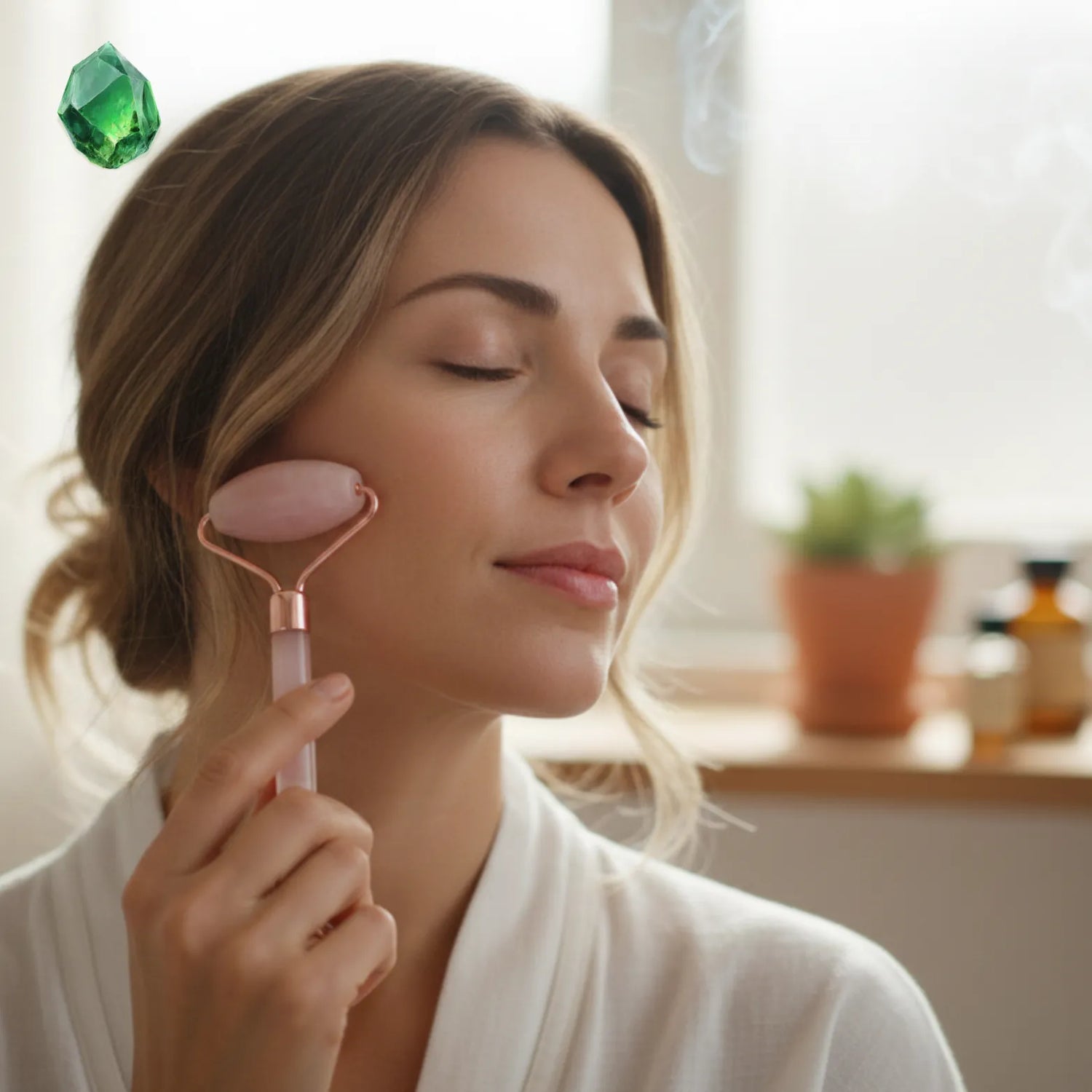 Mulher jovem de olhos fechados usando um massageador facial de quartzo rosa na bochecha, transmitindo uma expressão de calma e relaxamento.