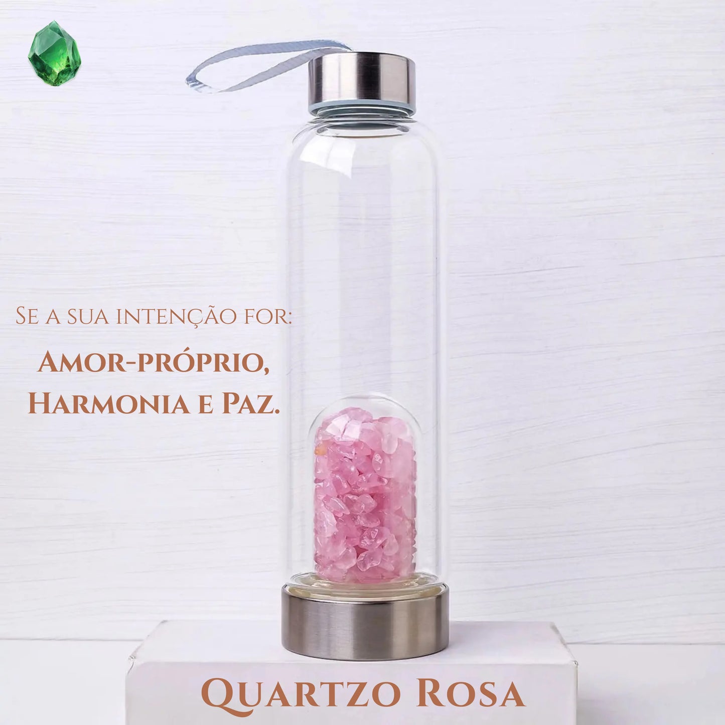 Garrafa de vidro para elixir de cristais com Quartzo Rosa autêntico. Acessório holístico livre de BPA, com acabamento em aço inoxidável e pedras naturais para equilíbrio do chakra do coração.