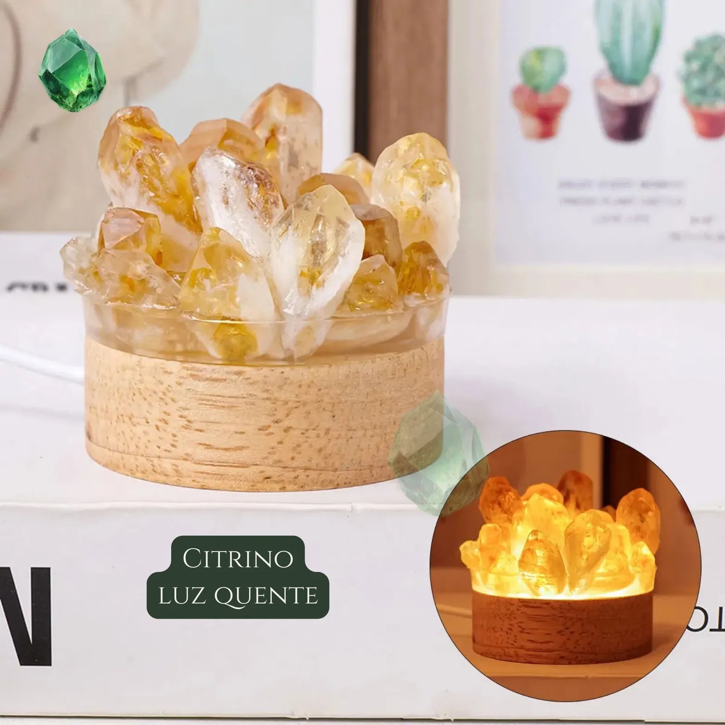 Objeto de decoração mística: luminária de cristal natural com luz quente, ideal para criar um ambiente de calma e meditação.