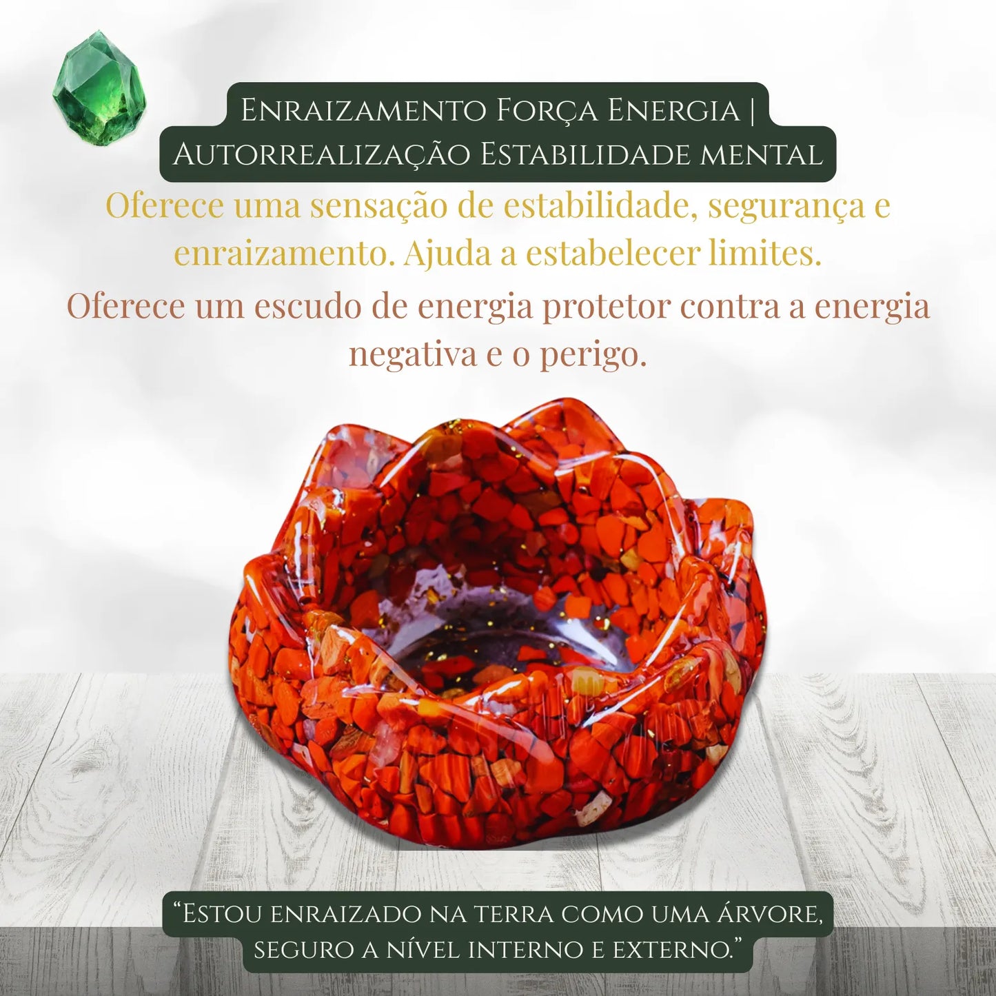 Porta-vela decorativo em formato de flor de lótus com cristais naturais e detalhes dourados.