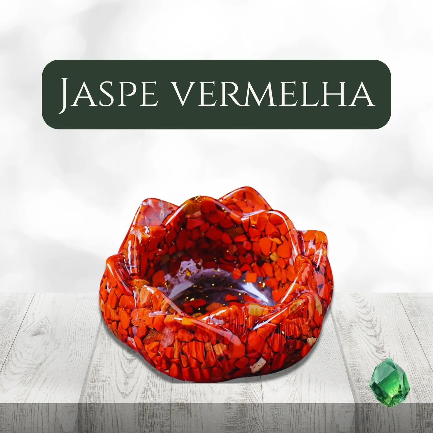 Composição de porta-velas flor de lótus em cristais naturais e resina sobre superfície clara elegante.